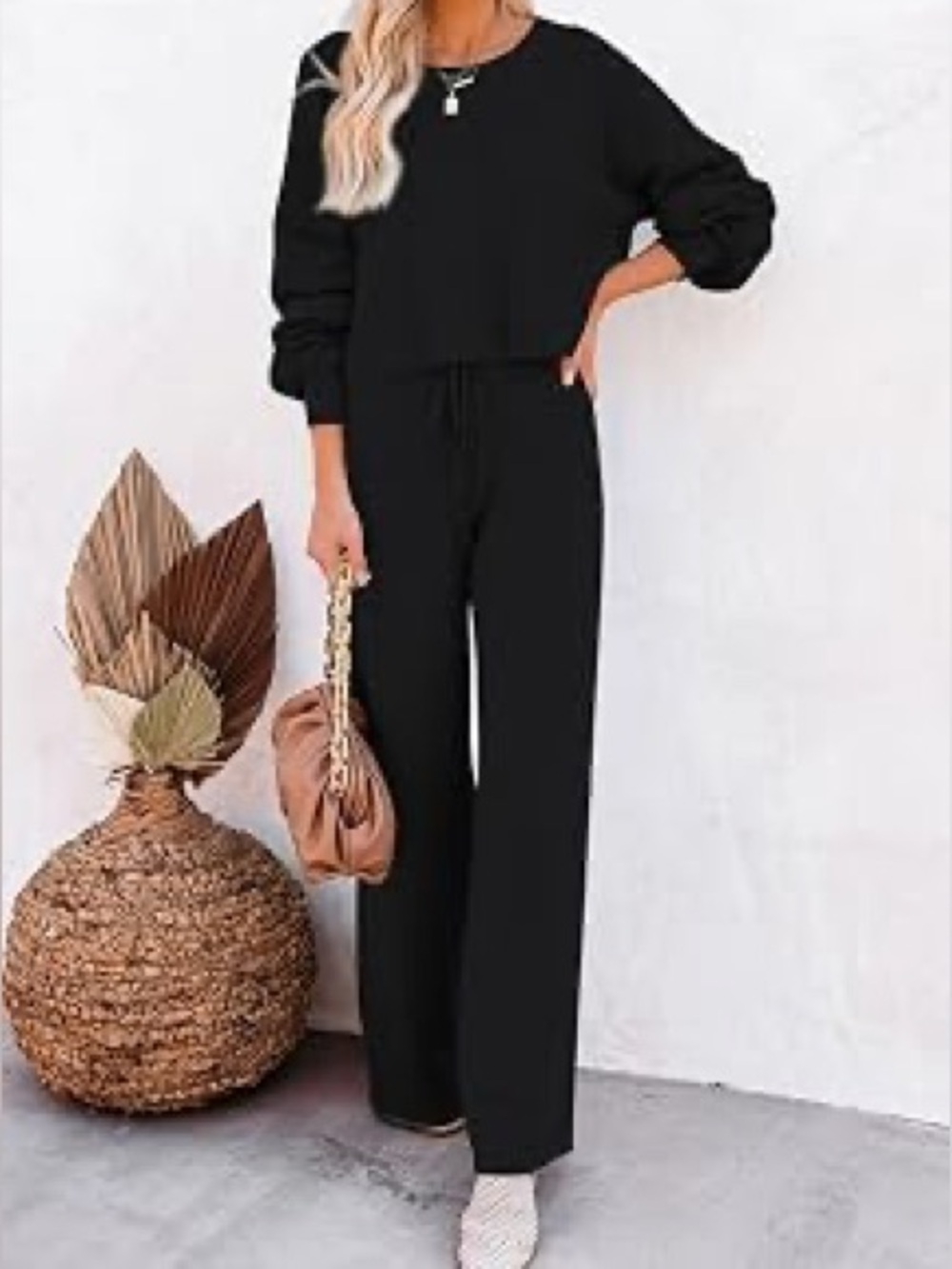 Listicle Black Cropped Top & Wide-Leg pants lounge set